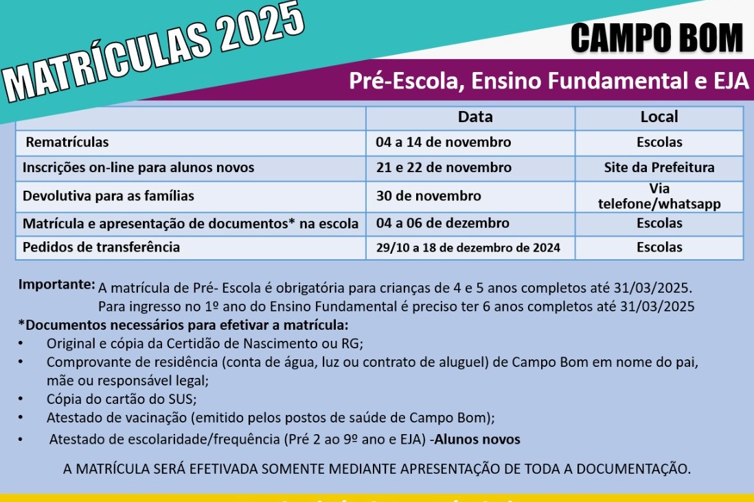 Rematrículas para alunos das escolas municipais iniciam nesta segunda (04)