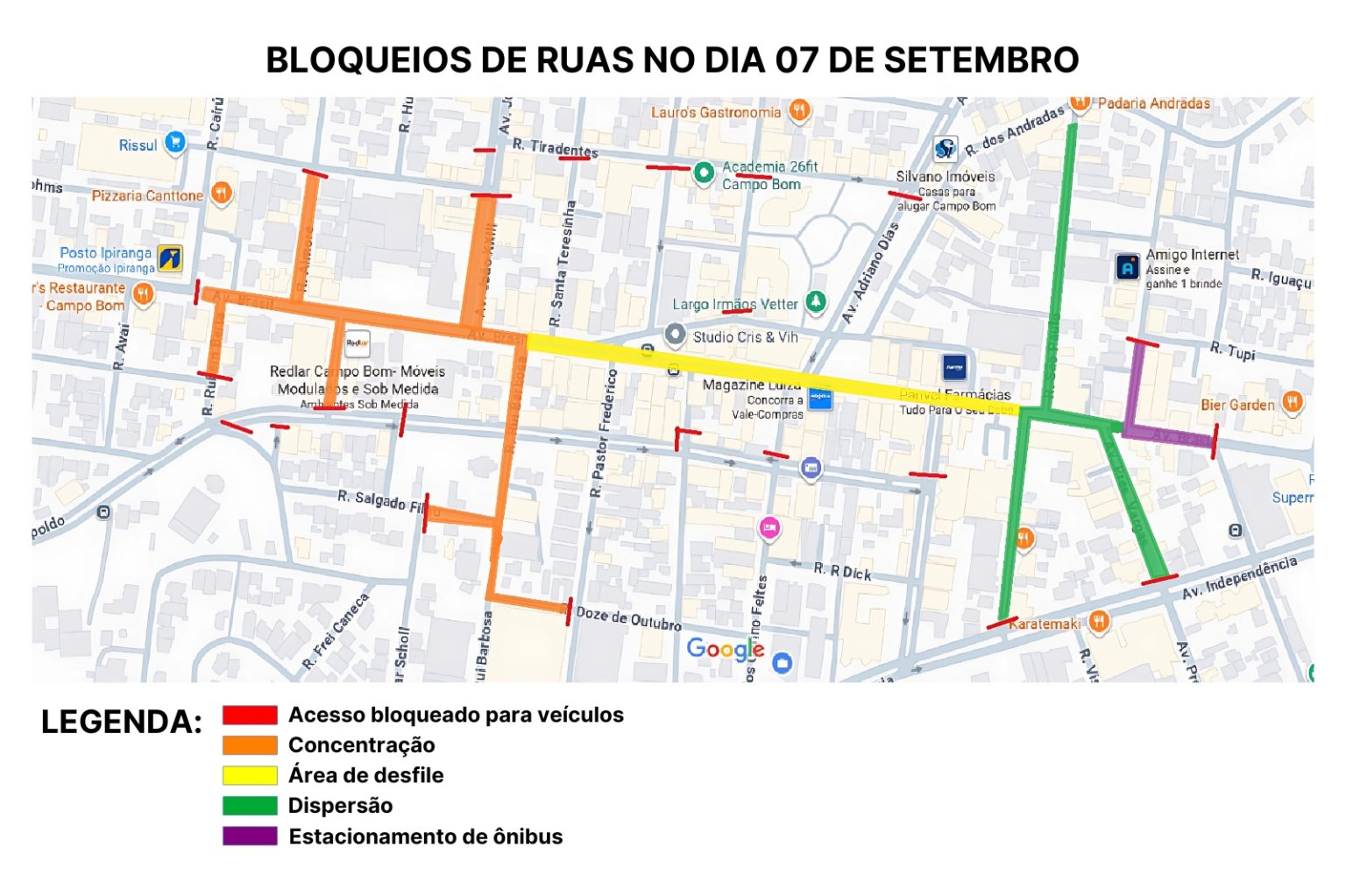 Ruas centrais estarão fechadas na segunda-feira em função do Desfile Cívico